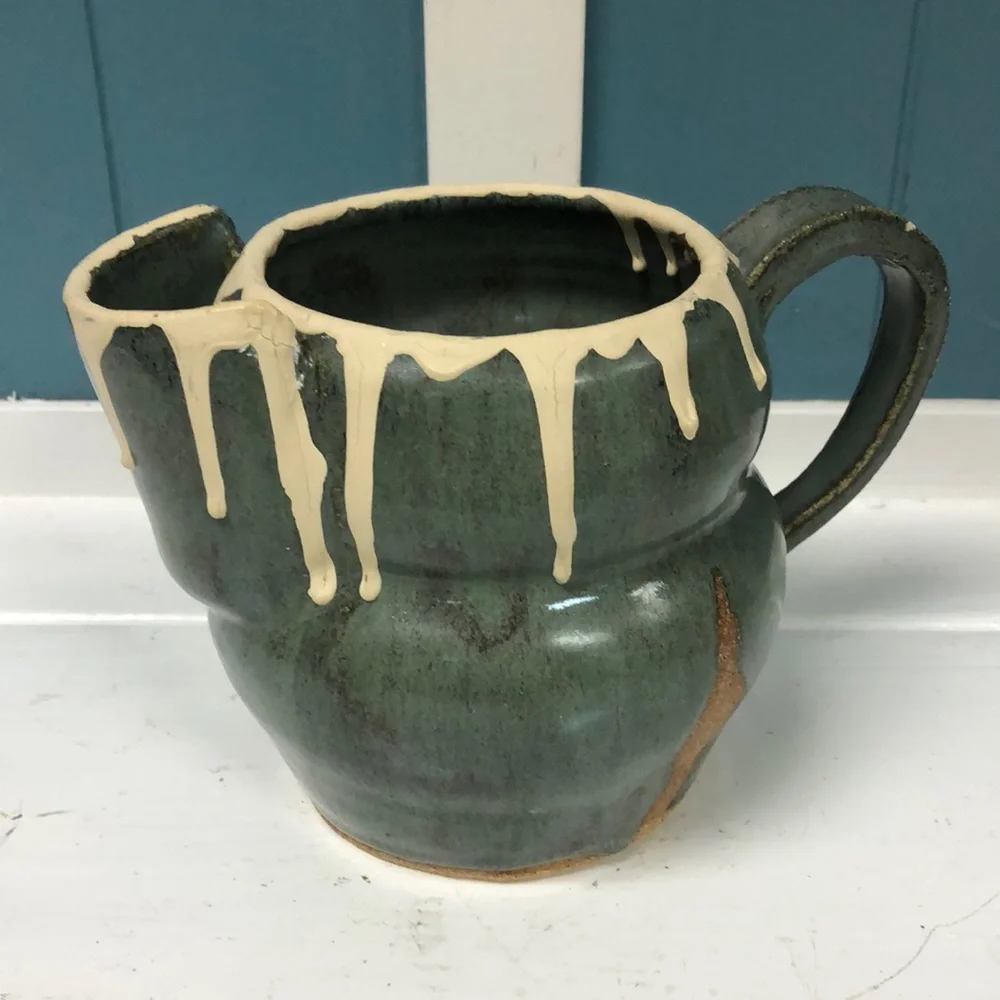 Vintage 5” handmade drip glaze heavy‎ stoneware creamer mug signed